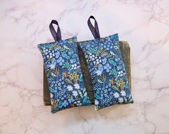 Set of two hanging lavender sachets in a blue Rifle paper co fabric for your drawers or bathroom sleep aid or small gift travel sachet decor