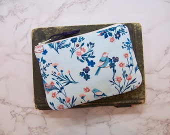 Coin wallets in a beautiful blue fabric with small birds-change purse- wallet-small notions pouch- coin purse-earbud holder-organizer- bird