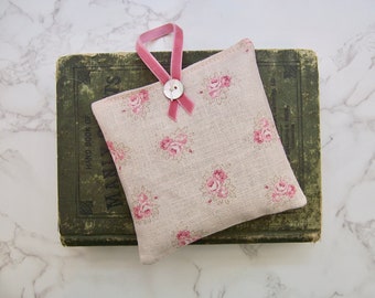 Peony and Sage lavender sachet~hangs on door or on hanger~beautiful velvet ribbon~sleep aid~moth repellent~pretty linen fabric sachet.