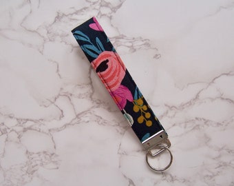 Pretty key fob in a Rifle Paper co fabric , preppy key strap , pretty flower key strap , lanyard for your keys, small gift for woman