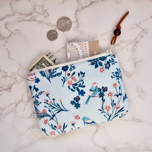 Blue Bird Fabric Coin Purse: Small Zippered Wallet