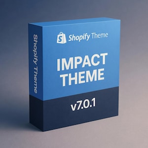 Puede incluir: Una caja azul y marino con las palabras "IMPACT THEME" en letras blancas. El logotipo de Shopify y "Shopify Theme" están en la parte superior. El número de versión "v7.0.1" se muestra en la parte inferior.