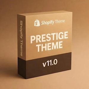 Puede incluir: Una caja rectangular de dos tonos, con una sección superior marrón claro y una base marrón oscuro. Las palabras "PRESTIGE THEME" se muestran en blanco, junto con "v11.0" y "Shopify Theme". El logotipo de Shopify es visible.