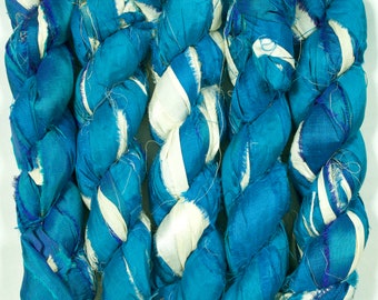 Sari Silk Ribbon (100g/50yards) - Cream/Turquoise #1036