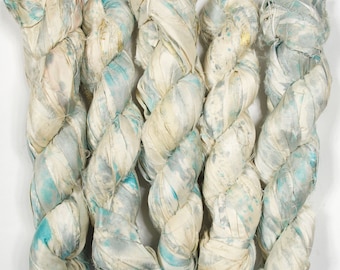 Sari Silk Ribbon (100g/50yards) - Creme with Blue Stains #1081