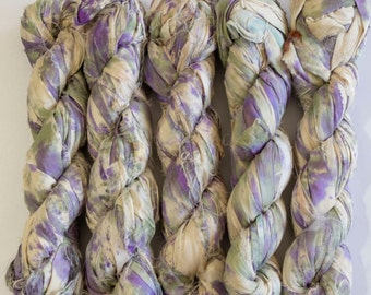 Sari Silk Ribbon (100g/50yards) - Green/Violet stained  #903