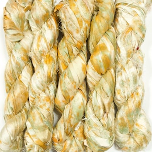 Sari Silk Ribbon (100g/50yards) - Creme with Orange/Green Stain #1074