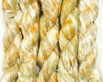 Sari Silk Ribbon (100g/50yards) - Creme with Orange/Green Stain #1074