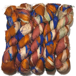 100g/50yards - Sari Silk Ribbon Blue, Orange and Rust Shades #639