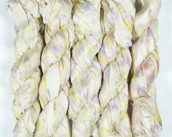 Sari Silk Ribbon (100g/50yards) - Bright Yellow and Purple Stained  #1090