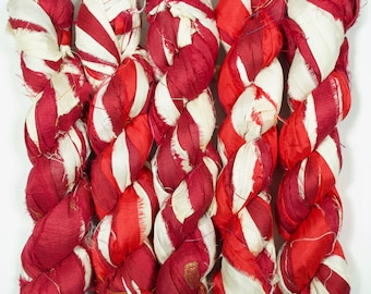 Sari Silk Ribbon (100g/50yards) - Red/Creme shades #1067