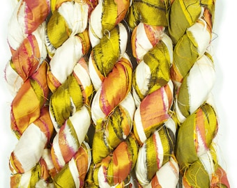 Sari Silk Ribbon (100g/50yards) - Olive and Creme shades #1058