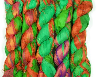 Sari Silk Ribbon (100g/50yards) - Green and Orange shades #1063