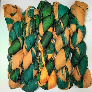 100g/50yards - Sari Silk Ribbon - Green Gold Yellow #a304