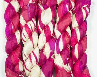 Sari Silk Ribbon (100g/50yards) -Dark Pink and Creme shades #1056