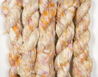 Sari Silk Ribbon (100g/50yards) - Creme with Orange/Violet Stains #1080