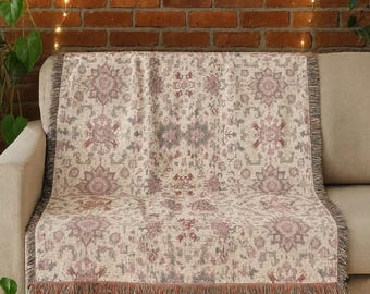 Coperta/copridivano tradizionale in arazzo di cotone intrecciato con frange artigianali