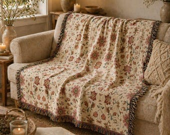 Manta de tapiz tejida con estampado floral / Manta de algodón 100% estilo cottagecore