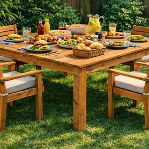 May include: A wooden outdoor dining set with a square table and four chairs. The table is set with food and drinks, including burgers, salads, and lemonade. The chairs have light-colored cushions. The scene is set on a green lawn.