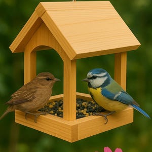 Op de afbeelding: Een houten vogelhuisje met een schuin dak, opgehangen aan een touw. Twee vogels, een bruine en een blauwe en gele, zitten erin. De voederbak is gevuld met zaden en een roze bloem staat op de voorgrond.