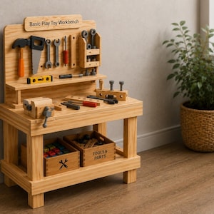 May include: Wooden toy workbench with tools, including a hammer, saw, and wrenches. The workbench has a shelf with a vise and two storage boxes labeled "Tools & Parts". The sign on top reads "Basic Play Toy Workbench".