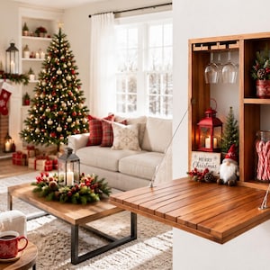 May include: A wall-mounted wooden bar cabinet with a fold-down table surface. The interior features a rack for two wine glasses, two shelves holding a red lantern, a small Christmas tree, a gnome figurine, a sign reading Merry Christmas, and jars.