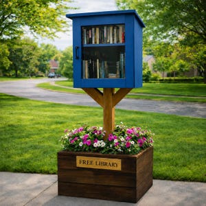 Könnte beinhalten: Eine blaue kleine öffentliche Bücherei mit Glastür, gefüllt mit Büchern. Sie ist auf einem Holzpfosten über einem Blumenkasten mit rosa und weißen Blumen montiert. Auf einer goldenen Plakette steht "FREE LIBRARY".
