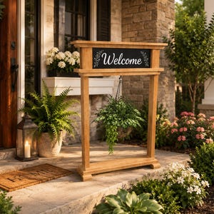 May include: A freestanding light brown wooden sign featuring a rectangular black panel at the top with the white text Welcome flanked by white leaf illustrations. A green hanging plant is suspended from the centre of the wooden frame.