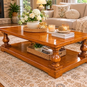 May include: A large, rectangular wooden coffee table with a lower shelf. The table is a warm, medium brown color and features ornate, turned legs. The top is adorned with a floral arrangement, candles, and decorative items, creating a cozy living room setting.