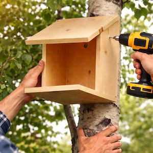May include: A wooden birdhouse is being attached to a tree trunk with a power drill. The birdhouse is rectangular with a slanted roof and a small opening. The drill is black and yellow. The background is blurred green foliage.