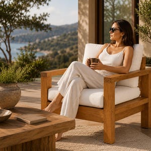 May include: A wooden armchair with thick white cushions, featuring a sturdy frame with straight lines. The chair is crafted from natural light-toned wood, providing a stable seat with wide armrests and a supportive backrest for comfortable outdoor lounging.