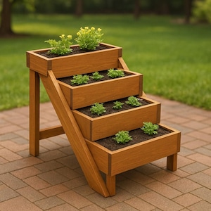 May include: A wooden tiered planter with four levels, each holding soil and small green plants. The planter has a staircase design, with the top level holding yellow flowering plants. The wood has a warm, natural finish.
