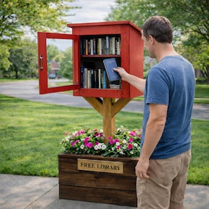 Puede incluir: Una biblioteca pública de madera roja con puerta de cristal, llena de libros. La biblioteca está montada sobre un poste de madera y se asienta sobre una jardinera con flores rosas y blancas. Una placa de latón dice "FREE LIBRARY".