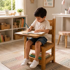 Puede incluir: Un niño está sentado en un pupitre de madera, escribiendo con un lápiz. El pupitre forma parte de una silla con una estantería debajo. La habitación tiene una alfombra, estanterías y un letrero enmarcado que dice "BE KIND BE HAPPY BE YOU."