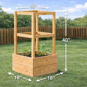May include: A wooden raised garden bed with a trellis. The rectangular planter box is 18 inches wide and 18 inches deep, with a height of 40 inches. The trellis is made of light-colored wood and is designed to support climbing plants.