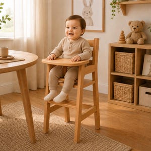 May include: A smiling baby sits in a wooden high chair with a tray. The chair is made of light-colored wood and is positioned in a well-lit room. A round wooden table and a wooden shelf with baskets and a teddy bear are also visible.