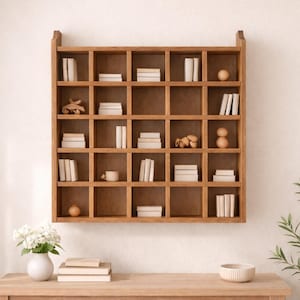 May include: A wooden wall-mounted shelf with multiple square compartments, each holding small stacks of books and decorative items. The shelf is a warm brown color and is mounted on a neutral-colored wall. A table with a vase of flowers and books is in front of the shelf.