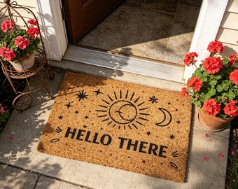 Celestial Hello There Doormat, Sun Moon Stars Welcome Mat, Boho Outdoor Coir Rug, Spiritual Entryway Decor, Witchy Porch Decor Gift Idea