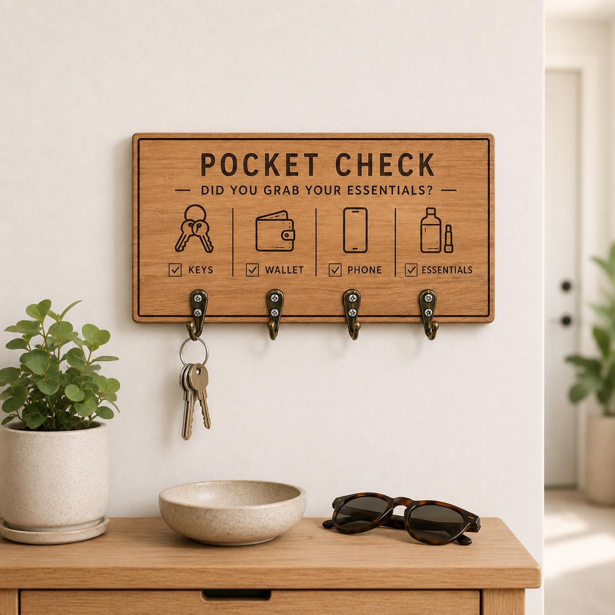 Pocket Check Wooden Key Holder, Entryway Wall Key Rack with Hooks, Keys Wallet Phone Organizer, Funny Reminder Sign, Farmhouse Home Decor product image