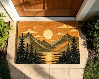 Deurmat bergmeer, welkomstmat natuur, rustieke deurmat cabine, dennenboom buitentapijt, deurmat berglandschap, decor veranda meer