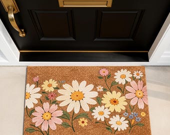 Wildflower Doormat,Boho Floral Welcome Mat,Faux Coir Outdoor Rug,Spring Summer Porch Decor,Colorful Daisy Front Door Mat,New Home Gift