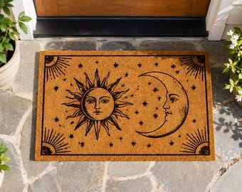 Felpudo del Sol y la Luna, Felpudo Celestial de Bienvenida, Decoración Boho-Mágica para la Puerta Principal, Felpudo Astrológico para el Porche, Regalo Místico para la Inauguración del Hogar