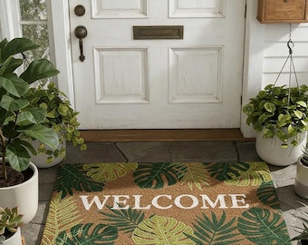 Tapis de bienvenue en feuilles tropicales, paillasson palmier Monstera, tapis d'extérieur botanique moderne, décoration de porche de la jungle, cadeau de pendaison de crémaillère, paillasson amoureux de la nature