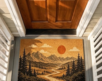 Felpudo de fibra de coco con paisaje de montaña, felpudo rústico de bienvenida para cabaña, felpudo vintage con temática de naturaleza salvaje, alfombra de entrada con temática de bosque, decoración de montaña y naturaleza, felpudo para porche de cabaña.