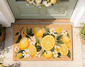 Felpudo de limón, felpudo floral cítrico de bienvenida, felpudo de fibra de coco de verano, decoración de cocina con limones, alfombra de entrada estilo casa de campo, decoración para la puerta principal, regalo de inauguración de casa