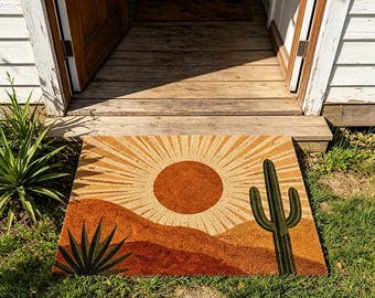 Paillasson désert du sud-ouest, tapis de bienvenue Boho Sun Cactus, tapis de porte d'entrée ferme rustique, décor de porche du désert de l'Arizona, milieu du siècle moderne