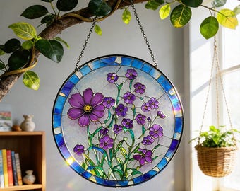 Wildflowers Stained Glass Suncatcher,Round Purple Flower Glass Art,Floral Wall Hanging,Botanical Lovers Gift,Floral Window Decor