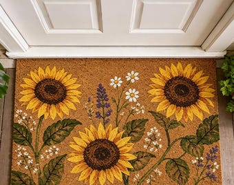ひまわり柄ウェルカムドアマット、花柄玄関マット、夏のポーチ装飾、ファームハウス風玄関ラグ、コテージコア風ひまわり柄ドアマット