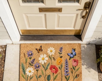 Zerbino con fiori selvatici, Zerbino di benvenuto floreale con farfalle, Zerbino in fibra di cocco stile cottagecore, Tappeto d'ingresso da giardino, Decorazione primaverile/estiva per la porta d'ingresso, Regalo di inaugurazione della casa