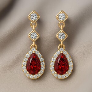 Natural Ruby Earrings | July Birthstone, Lab Grown Diamonds, 18KT Gold Plated Sterling Silver